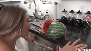 Horny Big-boobed Blonde Hawaiian Catches Her Hubby Playing With A Watermelon So She Gives Him A Muddy Fellatio With Gizelle Blanco